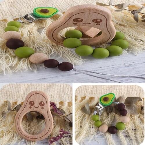Baby Pacifier Chain Beech Wooden Avocado Bracelet Teether Nipple Dummy Clip Holder Infants BPA Free Silicone Beads Teething Soot