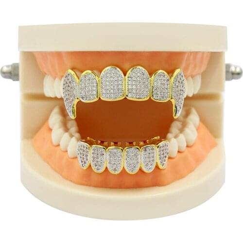Teeth grillz Hip Hop Grillz Iced Out CZ Fang Mouth Caps Top & Bottom tooth Set Men Women Vampire Grills body jewelry