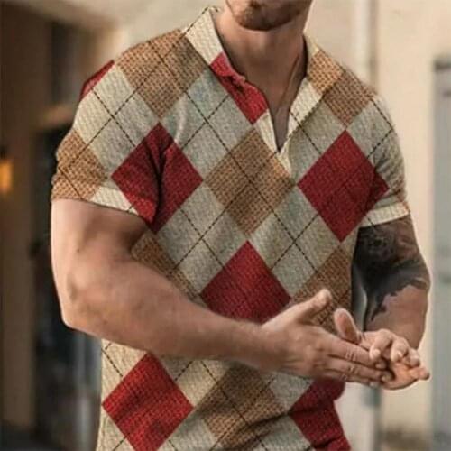 Turn-down Collar Men T-shirt Plaid Print Stretchy Thin Buttons Short Sleeve Summer Shirt Streetwear for Daily Wear