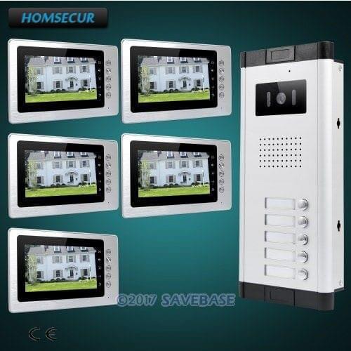 HOMSECUR 7" Wired Video&Audio Home Intercom with IR Camera for 5 Apartment XC061-5+XM705