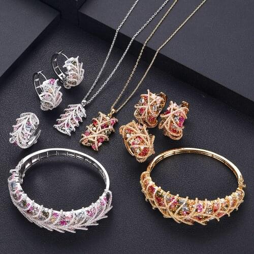 Janekelly Luxury cubic zirconia necklace bracelet earrings and ring 4pcs dubai full jewelry set for women,bridal dress dinner