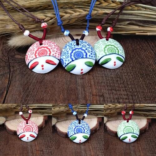 Ceramic Necklace Handmade Fashion Jewelry Chinese style Vintage cute doll pendant necklace personalized trend accessories