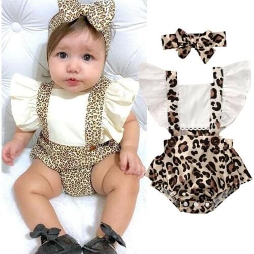 Pudcoco Newborn Infant Baby Girl Bodysuit Kids Leopard Print Ruffles Tie Back Jumpsuit + Headband Outfits Set