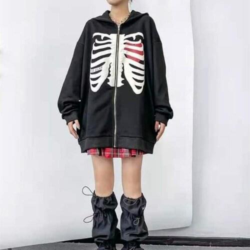 Zip-up Y2K Harajuku korean style loose skull print goth Grunge long sleeve hooded jacket solid color retro shirt student girltop