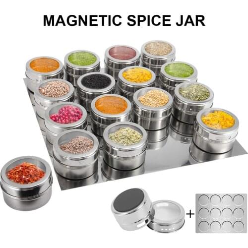 Magnetic spice jars set with tray stainless steel salt and pepper shakers seasoning organizer bottle kitchen gadget sets