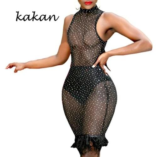 Kakan new womens hot stamping dress sexy mesh perspective black dress female