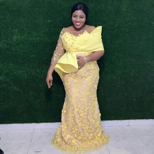 African Yellow Plus Size Evening Dresses Off Shoulder Appliques Flowers Beads Mermaid Prom Dress Dubai Women Formal Party Dress