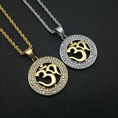 Hip Hop Iced Out Indian Yoga Pendant Gold Color Stainless Steel AUM OM OHM Hindu Buddhist Necklaces Amulets Jewelry Dropshipping