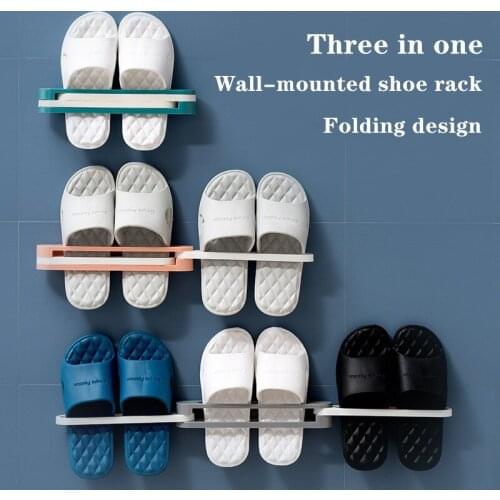 Simple bathroom foldable slippers rack toilet free punch wall hanging towel rack one change three toilet slippers rack shelf
