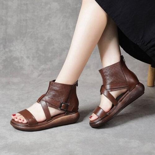 Fashion Women Genuine Leather Sandals 2021 Summer Female Open Toe Roman Sandals Mid-heel Lady Shoes Back Zipper Platform Sandals