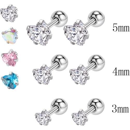 1 Pairs Heart Crystal Stud Earrings Stainless Steel Female Earrings Crystal Stone Screw Ball Earring Pierced Ear for Girls Women