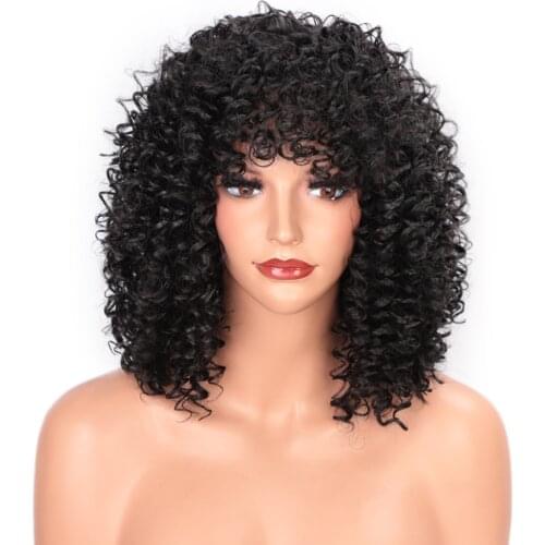Lativ Synthetic Short Black Afro Wig Kinky Curly Wig with Bangs for Black Women Heat Resistant Hair for Daily Cosplay Wear