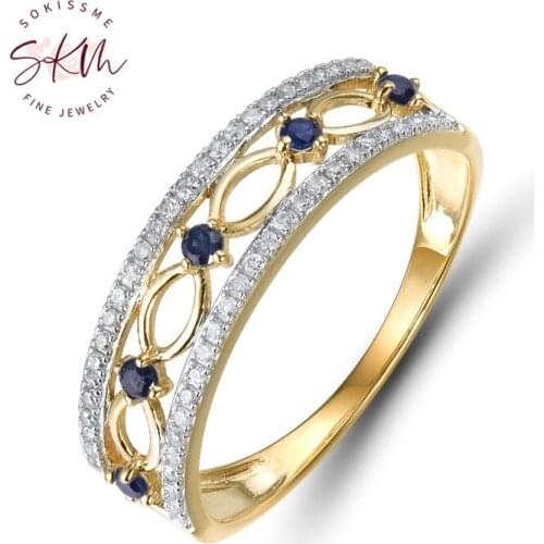 SKM Trendy Sapphire rings 14k Yellow Gold Rings For Women Genuine Diamond Engagement Anniversary Unique Fine Jewelry