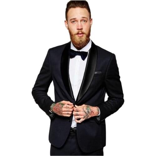 Dark Navy Blue Mens Evening Dress Toast Suits Shawl Collar Groom Tuxedos Blazer Coat Trousers Set (Jacket+Pants+Tie) NO:221
