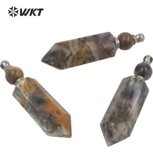WT-P1631 Wholesale Natural Stone Bottle Pendant Hexagon Moss A-gate Perfume Bottle Pendant For Necklace Making