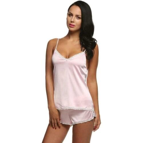 Women V Neck Adjustable Spaghetti Strap Floral Lace Pathwork Pajamas Set 03kK