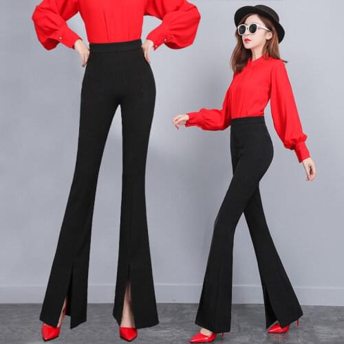 Women 2021 Spring Autumn Fashion High-waist Split Pants Female New Slim Casual Pants Ladies Solid Color Flare Trousers Q777