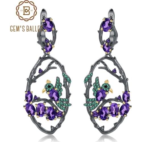 GEMS BALLET 6.26Ct Natural Amethyst Earrings Jewelry Real 925 Sterling Silver Handmade Bird Drop Earrings for Women Wedding