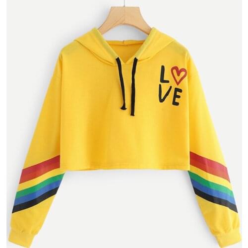 Women Hoodies Cool Sweatshirt High-street Hip Hop patchwork Long Sleeve Pullover Rainbow Hoodie Letter printing Short Tops