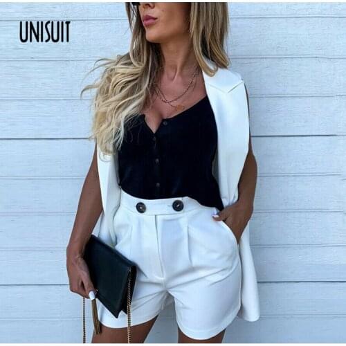 Summer Women Sleeveless Solid Button Up Two Piece Set Blazer Top And Pocket Short Set Elegant Office Ladies Suits Women Workwear