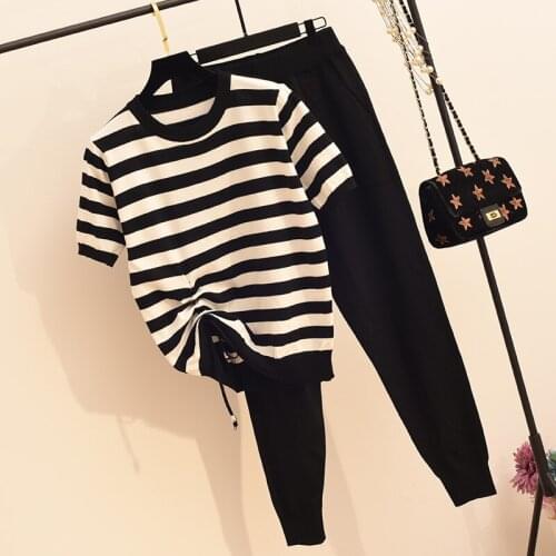 New Summer Ice Silk Knitted Tracksuit Women Casual Striped t-shirts + Elastic Waist Long Pencil Pants Two Piece Set women