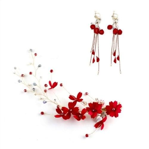 Gold Red Flower Pearl Beads Headband Tiaras Hairclip Rhinestone Hairband Jewelry Headpiece Earrings Bridal Wedding Accessories