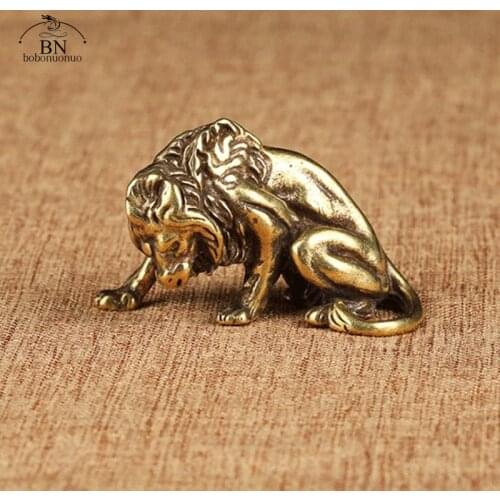 Antique Bronze Strong Lion King Statue Vintage Copper Tiger Lion Leopard Sculpture Ornaments Animal Tea Pet Figure Desktop Decor