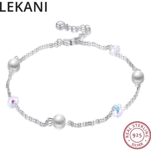 LEKANI Crystals From SWAROVSKI Real 925 Sterling Silver Beads Chain Anklets For Women 2018 Pearls Bracelets Sandal Foot Jewelry