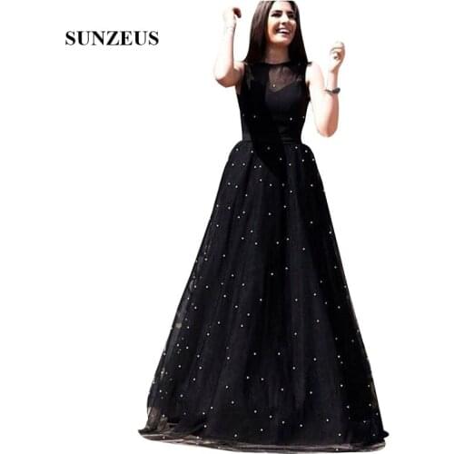 Black Long Prom Dresses With White Pearls A-line Tank Sleeveless Floor Length Tulle Party Gowns Women