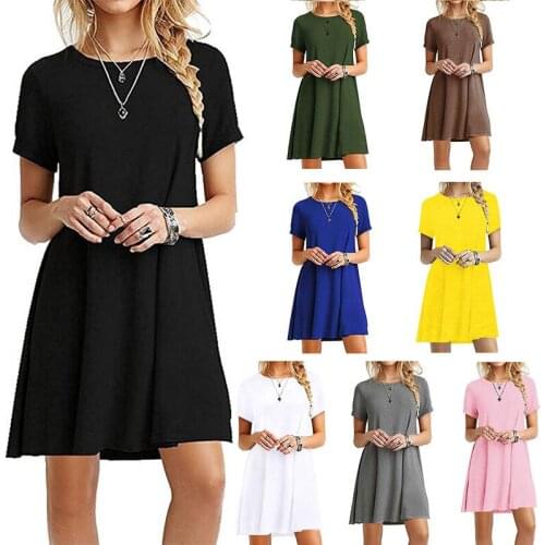 Summer Sundress Women Boho Beach Casual Crew Neck T-Shirt Dress Short Sleeves Loose Solid Mini Dress Vestido De Mujer Robe Femme