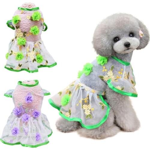 Cute Dog Cotton Princess Dress Cat Dress Shirt Floral Bow with Matching Dog Dress Wedding Dress for Small Medium Dogs
