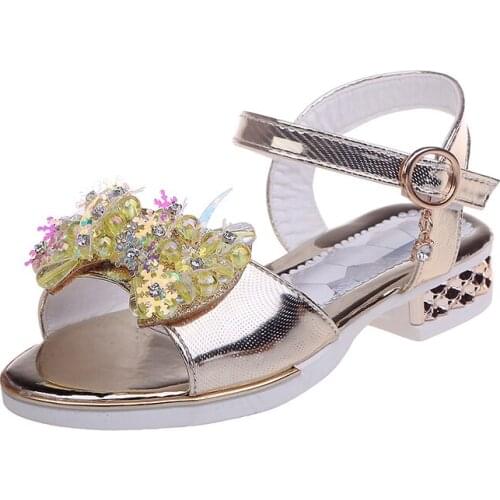 Cute sweet popular sandals for girl Bright flower beading kids shoes fashion low-heeled Princess dress dance sandals autumn 2020