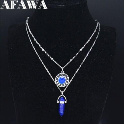 2pcs Moon Hexagonal Bullet Reiki Point Chakra Natural Stone Stainless Steel Layered Necklace for Women Jewelry collare NC1982S04