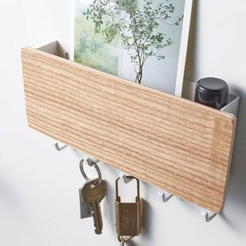 Wall-Mounted Key Holder Punch-Free Hook Multifunctional At The Door Solid Wood Sundries Storage Rack