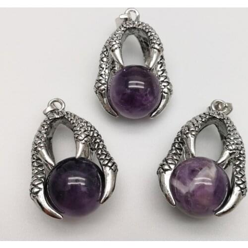 Natural purple Stone 16mm Round Beads Dragon Claw Wrap Pendants for Necklace Reiki Ball Gothic Men Retro Crystal Jewelry 12pcs