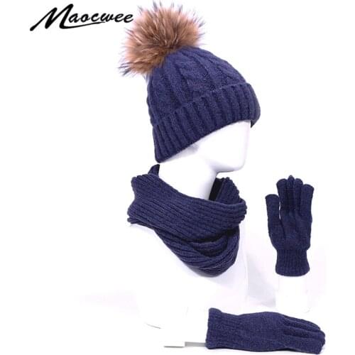 Autumn And Winter Pompon Beanie Hat Scarf Gloves Three-piece Set Unisex Warm Outdoor Sport Thick Hat For Men And Women Real Fur