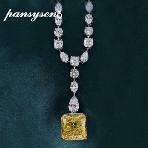 PANSYSEN Luxury Cocktail Party Necklace 100% 925 Sterling Silver 18x18MM Simulate Moissanite Citrine Gemstone Pendant Necklaces