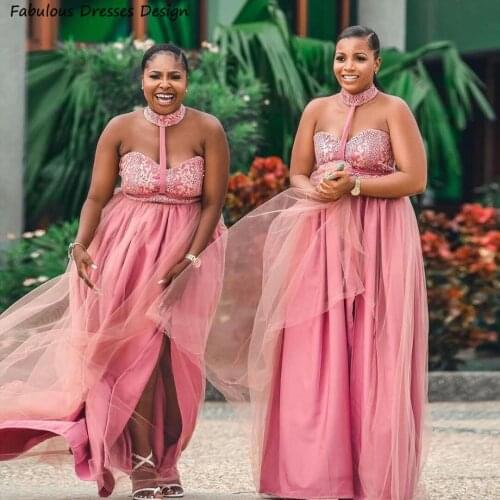 Plus Size African Women Bridesmaid Dresses 2021 Halter With Split Long Wedding Party Dress Applique Lace Pink A Line Vestido