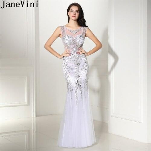 JaneVini Luxurious White Crystal Prom Dress Mermaid See Through Tulle Beaded Bridesmaid Dresses Long Sexy Wedding Party Gowns