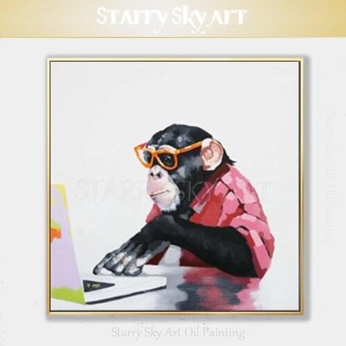 Hand-painted Funny Animal Monkey Playing Laptop Oil Painting Unframed Modern Wall Artwork Funny Monkey with Glasses Oil Painting