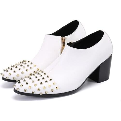 Italian Mens Shoes High Heels Studded Genuine Leather Mens Shoes Oxford Pointed Toe Dress Formal Office sapato social