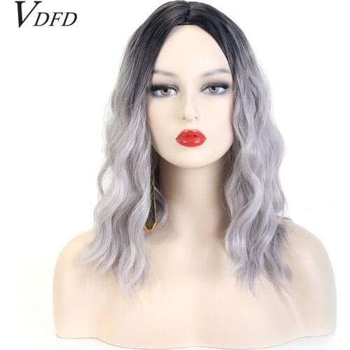 VDFD Short Curly Bob Silver Gray Ombre Wig Natural Loose Deep Wave Hair Cosplay Wigs Straight for Women Heat Resistant Fiber