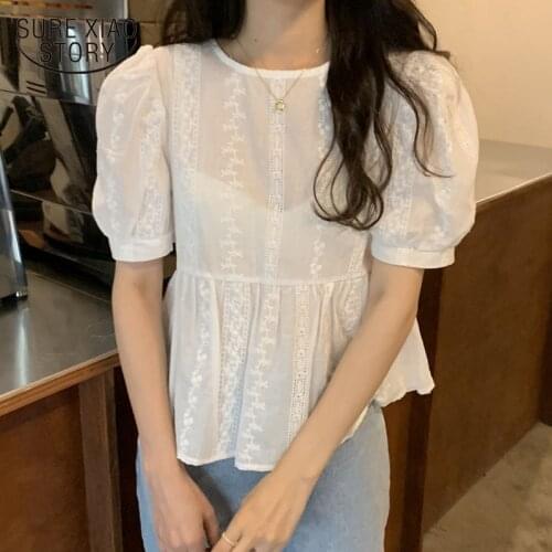 Korean Chic Embroidered Floral Blouse Women Summer vintage Puff Sleeve Loose Simple Shirts Tops New Female Casual Clothes 15255