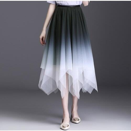 Spring Fall Women Fashion Elegant Gradient Color Mesh Pleated Skirt Elastic High Waisted Korean Irregular Mid-long Skirts 9075
