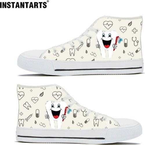 INSTANTARTS Vulcanize Woman Shoes Cute Tooth Printing Womens Casual High Top Sneakers Ladies Canvas Dental Flats Zapatos Mujer
