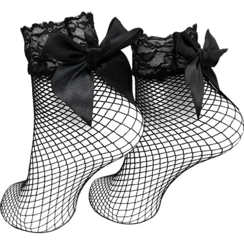 Lace Bow Women Socks Black Hollow Out Mesh Sock Hosiery Fashion Casual Streetwear Cute Transparent Fishnet Socks Women