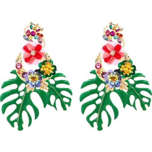 Exaggerated sequin flower leaves womens earrings alloy water drill earrings jewelry