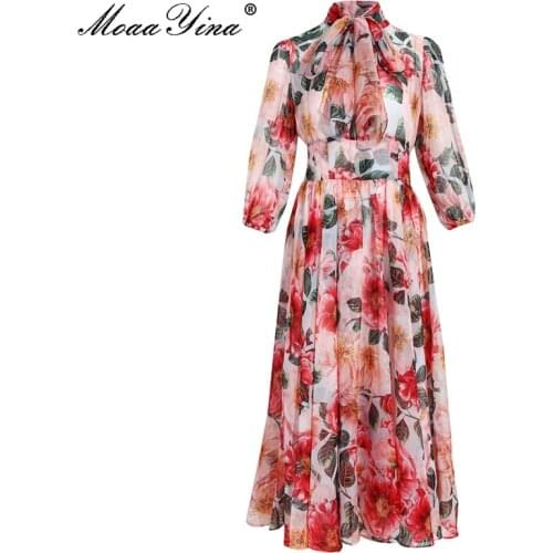 MoaaYina Fashion Designer Runway dress Spring Women Dress Bow collar Floral-Print Bohemia Vacation Elegant Chiffon Dresses