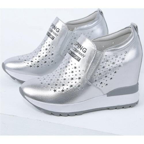 Casual Shoes Women Hollow Cow Leather Wedges High Heel Ankle Boots Female Summer Fashion Sneakers Round Toe Platform Pumps Shoes