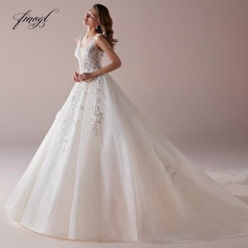 Fmogl Sexy Deep V Neck Backless Lace Vintage Wedding Dresses 2020 Luxury Appliques Beaded Tank Chapel Train Bridal Gowns